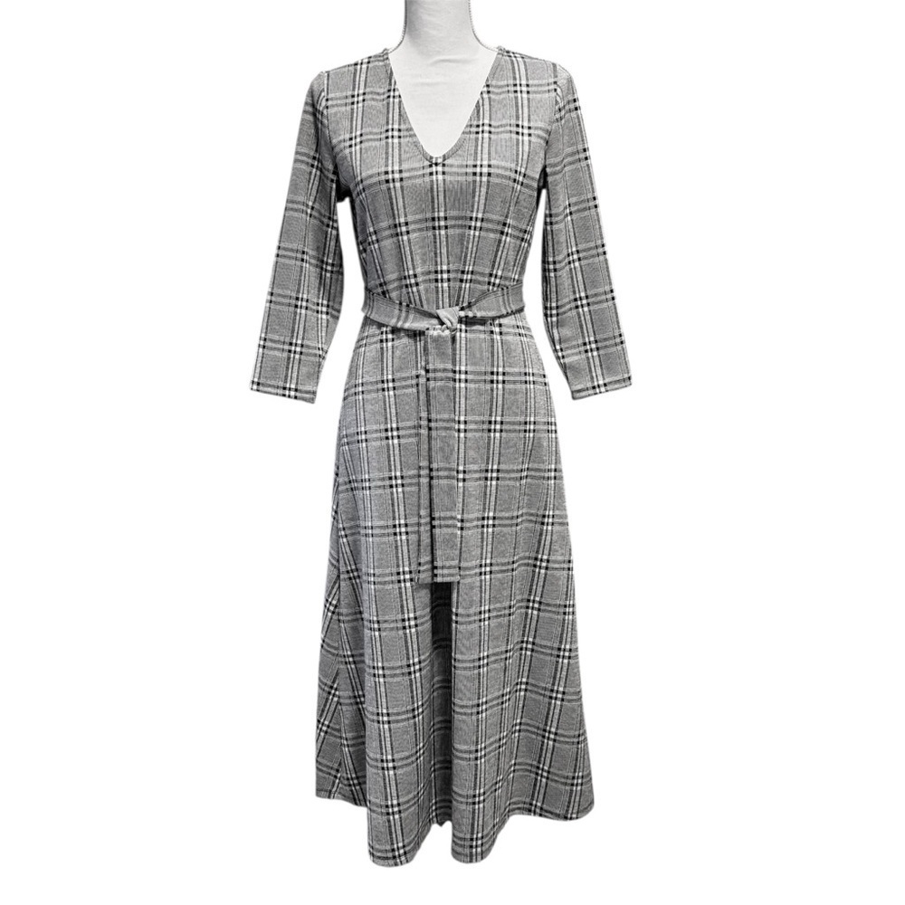 Chaus Long Black & White Plaid V-Neck Belted Dress Size S NWOT